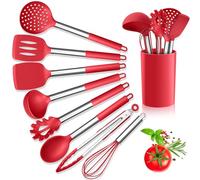 Herogo Lot de 9 ustensiles de cuisine en silicone avec poignée en acier inoxydable, résistant à la chaleur, spatule, cuillère tournante avec support, antiadhésif, facile à nettoyer, rouge