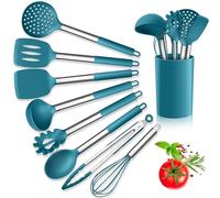 Herogo Lot de 9 ustensiles de cuisine en silicone avec poignée en acier inoxydable, résistant à la chaleur, spatule, cuillère tournante avec support, antiadhésif, facile à nettoyer, bleu
