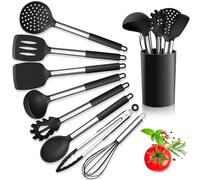 Herogo Lot de 9 ustensiles de cuisine en silicone avec poignée en acier inoxydable, résistant à la chaleur, spatule, cuillère tournante avec support, antiadhésif, facile à nettoyer, noir
