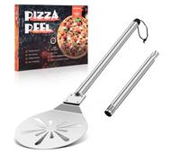 Herogo Pelle à pizza perforée en acier inoxydable de 22,8 cm - Ronde en métal - Avec longue poignée en métal amovible pour glisser facilement - Facile à nettoyer et à ranger - 22,8 x 25,4 x 122 cm