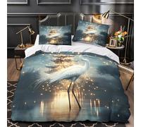 Héron blanc élégant 3D Imprimé Housse de couette 3 pièces Microfibre éclair dissimulé scène fantastique de temple asiatique Drap de couette 2 taies éclair garçons enfants Super king（260x220cm）