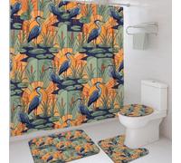Heron Ensemble de rideaux de douche avec rideau de douche et tapis pour baignoire, appartement et décoration d'appartement, lavable avec crochets, motif nénuphars et motif fleurs de cattes, bleu