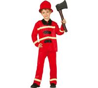 Héros des pompiers Costume Carnaval Enfants Fun Casque Gilet Uniforme Sauvetage Aventure, Taille : 128/134 Couleur : Rouge