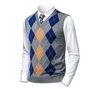 Herothorn Homme Argyle Gilet en Laine Col en V Classique Cardigan sans Manches Losanges Pull Tricoté Débardeurs pour Automne Hiver
