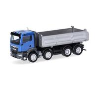 herpa Camion Miniature Man TGS NN Benne de Chantier 4 essieux, Bleu/Argent, à l’échelle 1:87, Objet de Collection, fabriqué en Allemagne, Plastique