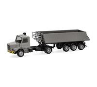 Herpa Camion Miniature Mercedes-Benz/Scania Capot Long Benne basculante, Gris/Jaune, Miniature à l’échelle 1:87, Objet de Collection, fabriqué en Allemagne, Plastique