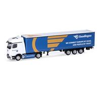 Herpa modèle Camion Mercedes-Benz Actros L ProCabin Bigspace Semi-remorque bâchée « Saudingo » (Lituanie/Siauliai), Miniature à l’échelle 1:87, pièce de Collection, Made in Germany, Plastique