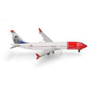 Herpa Modèle réduit Avion Norwegian Air Shuttle Boeing 737 Max 8 - SE-RTA Charles Lindbergh, Miniature à l’échelle 1:500, pièce de Collection, modèle d’Avion sans Socle, métal