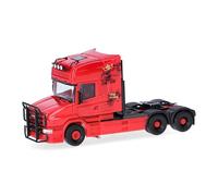 Herpa Modèle réduit Camion Scania Hauber 04 Topline Tracteur 3 essieux (6x4), Rouge, Miniature à l’échelle 1:87, pièce de Collection, Made in Germany, Plastique