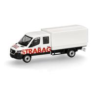 Herpa modèle réduit Voiture Mercedes-Benz Sprinter 18 Double Cabine Plateau/bâche « STRABAG » (Autriche/Vienne), Miniature à l’échelle 1:87, pièce de Collection, Made in Germany, modèle en Plastique