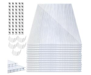 Herrselsam Lot de 14 plaques alvéolaires en Polycarbonate de 60,5 x 121 cm - Double Plaque alvéolaire de 10,25 m² - Plaques en Polycarbonate de 4 mm avec 50 Pinces - 50 Clips Z - Plaque de Serre