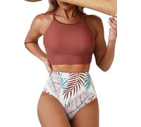 Herseas Women's Bikini Sets Solid High Neck Top Floral Print Bikini Bottom High Rise Two Pieces Swimsuits Cute Teen Tummy Control Brick Red Bathing Suits Large