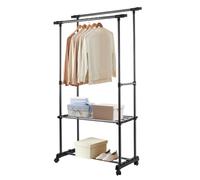 Hershii Portant à vêtements extensible avec étagère et roulettes Double tringle à vêtements 85-140 cm L Noir Support de rangement mobile pour vêtements pour chambre à coucher, salon, balcon