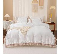 Herside Parure de lit à volants blancs de style shabby chic, style rustique et bohème pour très grand lit, 1 housse de couette et 2 taies d'oreiller (blanc taupe, très grand lit)