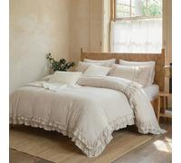 Herside Parure de lit à volants pour très grand lit, beige, gris, chic à 2 couches - Parure de lit bohème à volants avec 1 housse de couette et 2 taies d'oreiller (beige, très grand lit)