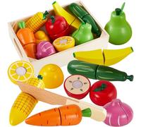 HERSITY Jouets en Bois Fruits et Légumes à Découper, Jouet en Bois Cuisine avec Bois Panier, Jeux de Rôle Montessori, Enfants Cadeau Garçon Fille Bébé 18 Mois+