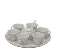 Hervit Plateau en porcelaine Romance avec 6 tasses à café et sucre avec roses en relief - Coffret cadeau - Set à café, tasses à café Espresso - Pause café - Cadeau femme - Ø26 cm