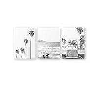 HERWS Impression sur toile 3 pièces - Paysage de plage - Palmier - Surf - Peinture sur toile - Photo en noir et blanc - Décoration d'intérieur (sans cadre)