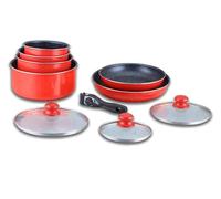 Herzberg Batterie de cuisine HG-5000 – 10 pièces, revêtement pierre, manche amovible, Rouge