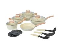 Herzberg - Batterie de Cuisine 14 Pièces, Revêtement Granit, Aluminium Forgé, Poignées Bois, Compatible Induction, Couvercles Verre, Ustensiles Inclus, Beige