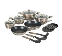 Herzberg - Batterie de Cuisine 15 Pièces, en Aluminium, Revêtement Marbre, Casseroles, Poêles, Couvercles en Verre, Ustensiles, Compatible Induction, Carbone