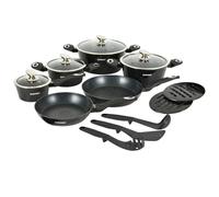 Herzberg - Batterie de Cuisine 15 Pièces, en Aluminium, Revêtement Marbre, Casseroles, Poêles, Couvercles en Verre, Ustensiles, Compatible Induction, Noir