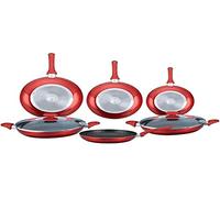 Herzberg Batterie de cuisine - lot de casserole induction - set casserole et poele tous feux - Batterie de cuisine revetement pierre 8 pieces rouge Tous Feux HG6010-RED
