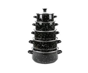 Herzberg Ensemble 10 Pièces Marmites et Cocottes Émaillées HG04128, Noir | émail durable, couvercles en verre, poignées confortables, tailles 16-24 cm, facile à nettoyer