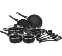 Herzberg HG04241, Batterie de Cuisine Antiadhésive 13 Pièces, Noir, Acier au Carbone Durable, Poignées Confortables, Couvercles en Verre Trempé, Compatible Tous Feux, Lavable au Lave-Vaisselle