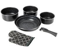 Herzberg HG8053 BLK Batterie De Cuisine, Lot de 3 Casseroles Induction et 2 Poeles Tous Feux de différentes tailles et 1 gant de cuisine, Revêtement Marbre Antiadhésif, Poignées Amovibles, Noir