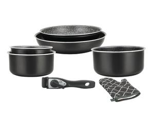 Herzberg HG8053 BLK Batterie De Cuisine, Lot de 3 Casseroles Induction et 2 Poeles Tous Feux de différentes tailles et 1 gant de cuisine, Revêtement Marbre Antiadhésif, Poignées Amovibles, Noir