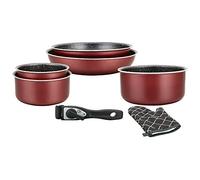 Herzberg HG8053 BR Batterie De Cuisine, Lot de 3 Casseroles Induction et 2 Poeles Tous Feux de différentes tailles et 1 gant de cuisine, Revêtement Marbre Antiadhésif, Poignées Amovibles, Rouge