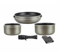 Herzberg HG8053 CAR Batterie De Cuisine, Lot de 3 Casseroles Induction et 2 Poeles Tous Feux de différentes tailles et 1 gant de cuisine, Revêtement Marbre Antiadhésif, Poignées Amovibles, Cuivre