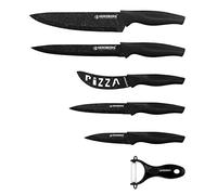 Herzberg Set Couteau Cuisine Professionnel - Couteaux Tranchant en Acier Inoxydable - Poignée ergonomique, Douce et confortable - Set de 5 couteaux + econome - Noir HGKL6-BMR