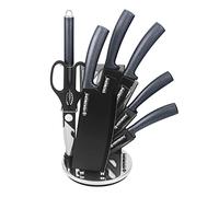 Herzberg Set Couteau Cuisine Professionnel - Couteaux Tranchant en Acier Inoxydable - Support en Acrylique - Poignée ergonomique - Set de couteaux avec support 8 pièces - Carbone HGMSN8-CAR