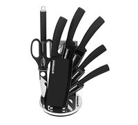 Herzberg Set Couteau Cuisine Professionnel - Couteaux Tranchant en Acier Inoxydable - Support en Acrylique - Poignée ergonomique - Set de couteaux avec support 8 pièces - Noir HGMSN8-BLK