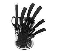 Herzberg Set Couteau Cuisine Professionnel - Couteaux Tranchant en Acier Inoxydable - Support en Acrylique - Poignée ergonomique - Set de couteaux avec support 8 pièces - Noir HGMSN8-BLM