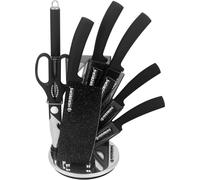 Herzberg Set Couteau Cuisine Professionnel - Couteaux Tranchant en Acier Inoxydable - Support en Acrylique - Poignée ergonomique - Set de couteaux avec support 8 pièces - Noir HGMSN8-BLM