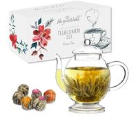 HerzensWahl Coffret cadeau de fleurs de thé avec théière | 6 fleurs de thé, 1 théière et boîte cadeau | Thé fleuri | Kit de dégustation de roses de thé | Thé vert - Fleurs de thé & (ensemble de