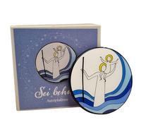 Herzmensch Joli Christopheros autocollant rond 3,5 cm bleu blanc avec boîte cadeau et inscription en allemand « Sei behütet » pour les automobilistes, les motocyclistes, les débutants, les voyages