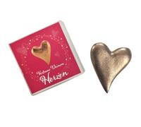 Herzmensch Petit cœur doré 3,5 x 4,5 cm en bronze véritable massif - Mini cadeau pour l'amour, pour le réconfort, la communion, le deuil, l'anniversaire, Noël comme porte-bonheur
