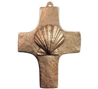Herzmensch Petite croix murale en forme de coquillage de pèlerin, 7 x 9 cm, dorée, en bronze massif, pour le chemin de Saint-Jacques pour pèlerins