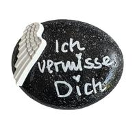 Herzmensch Petite pierre de condoléances « Ich vermisse Dich » avec ailes d'ange en noir et blanc comme décoration funéraire, écrite à la main, résistante aux intempéries et au gel, véritable pierre