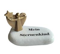 Herzmensch Sternenkind Pierre de deuil avec ange en bronze doré, résistante aux intempéries et au gel, pour commémorer et souvenir, pierre naturelle Santorini, env. 9 x 5 cm
