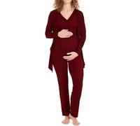 Herzmutter Pyjama Grossesse - Pyjama Allaitement - Trois Pieces - Vêtement de Détente pour Femme Enceinte - Trois Pieces - Pyjama Ensemble Maternité - Pantalon-Haut-Cardigan - 8100 (L, Rouge Foncé)