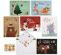 HERZOME Cartes de Noël, cartes de vœux de vacances avec enveloppes et autocollants 16 x 12 cm - Lot de 30 - Collection d'animaux pour la saison de Noël d'hiver