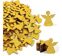 HERZONE Environ 100 mini anges gardiens en bois pailletés à disperser - Décoration de Noël - Confettis - Décoration de table (ange doré)