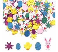 HERZONE Lot de 300 autocollants de Pâques - En caoutchouc mousse - Paillettes - Multicolore - Décoration de Pâques - Œuf de lapin - Poussin - Fleurs - Pour artisanat, décoration de la maison (A)