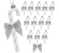 HERZWILD Lot de 12 décorations de Noël en forme de canne à sucre d'orge à paillettes avec nœud en plastique argenté à suspendre pour décoration de fête (nœud argenté)