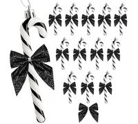 HERZWILD Lot de 24 décorations de Noël en forme de canne à sucre en plastique avec paillettes - Canne à sucre de Noël avec nœud - Décoration suspendue pour arbre (Noir)